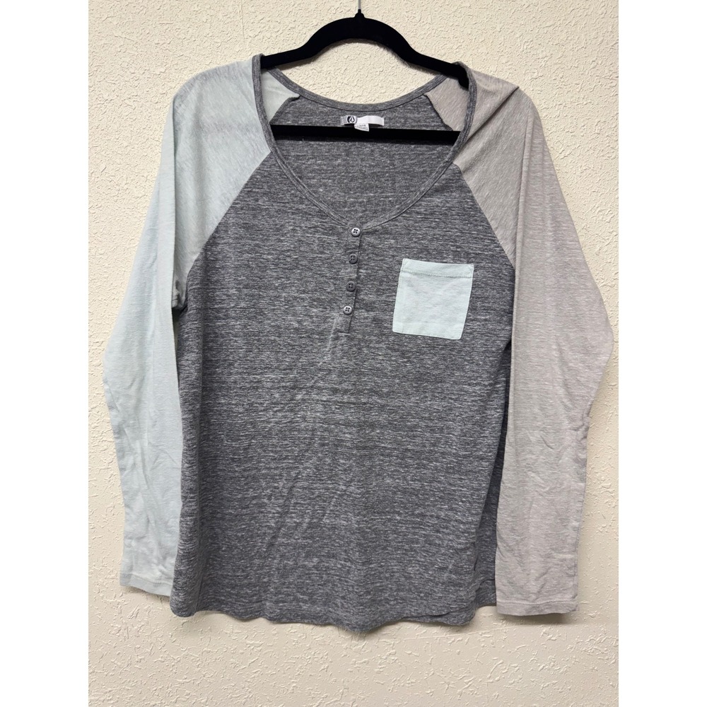 Volcom Juniors Block N Roll Colorblock Henley Long Sleeve Top Grey Blue Large